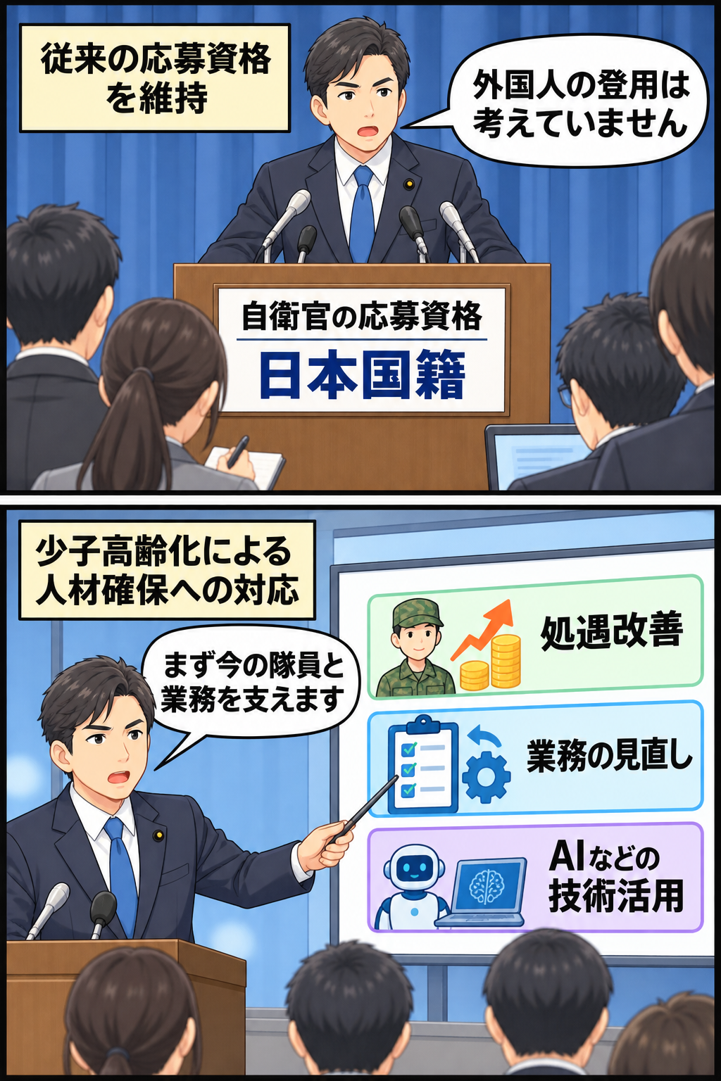 男性の防衛相風キャラが、自衛官への外国人登用は考えていないと説明し、続いて処遇改善や業務見直し、AI活用による人材確保策を示す二コマ漫画。