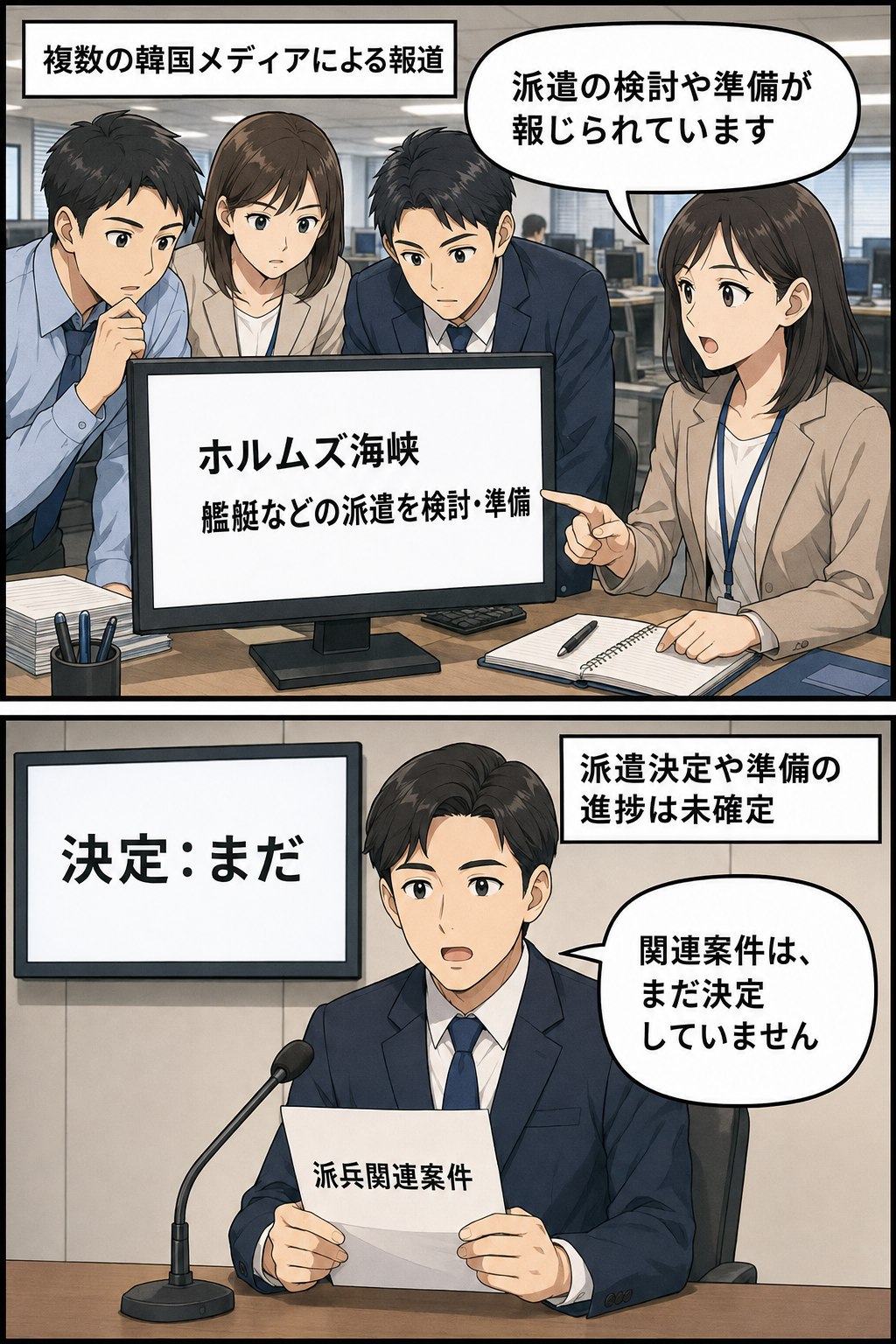 複数の韓国メディアがホルムズ海峡への艦艇派遣の検討や準備を報じ、続いて大統領府の報道担当者が派兵は未決定だと説明する2コマ漫画。