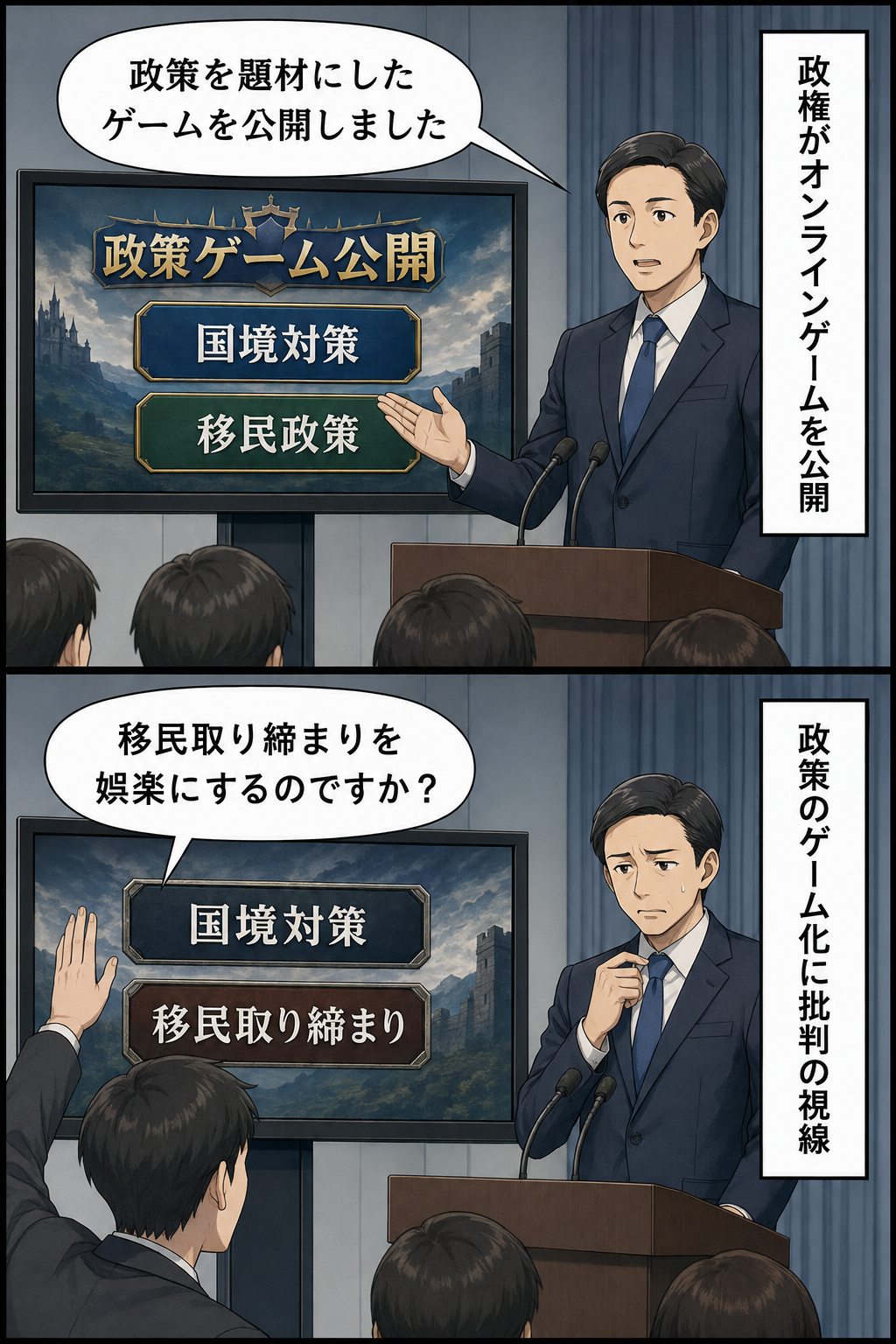 政権担当者が政策を題材にしたオンラインゲームを発表し、続いて記者が移民取り締まりの娯楽化を問いただす、抑制された批判的トーンの2コマ漫画。