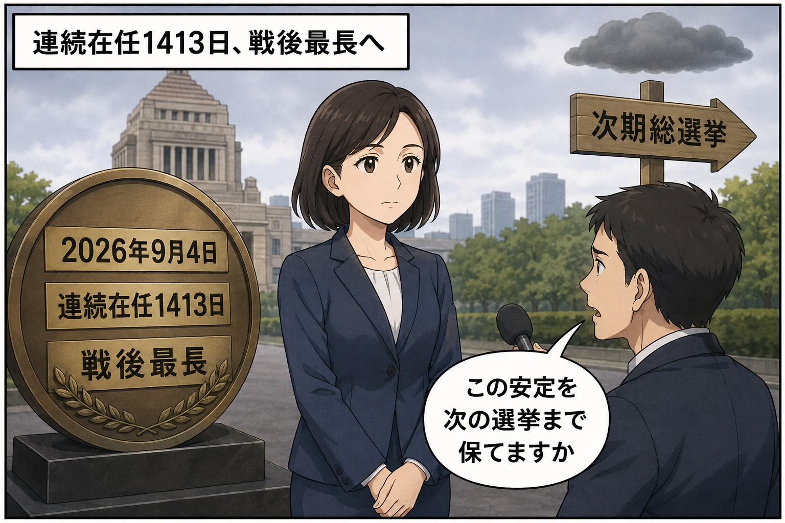 「連続在任1413日」「戦後最長」と表示された記録盤の前に、スーツ姿の女性の首相風キャラが立つ。記者は次期選挙までの政権運営を問い、上空には先行きの不透明さを示す灰色の雲が浮かんでいる。
