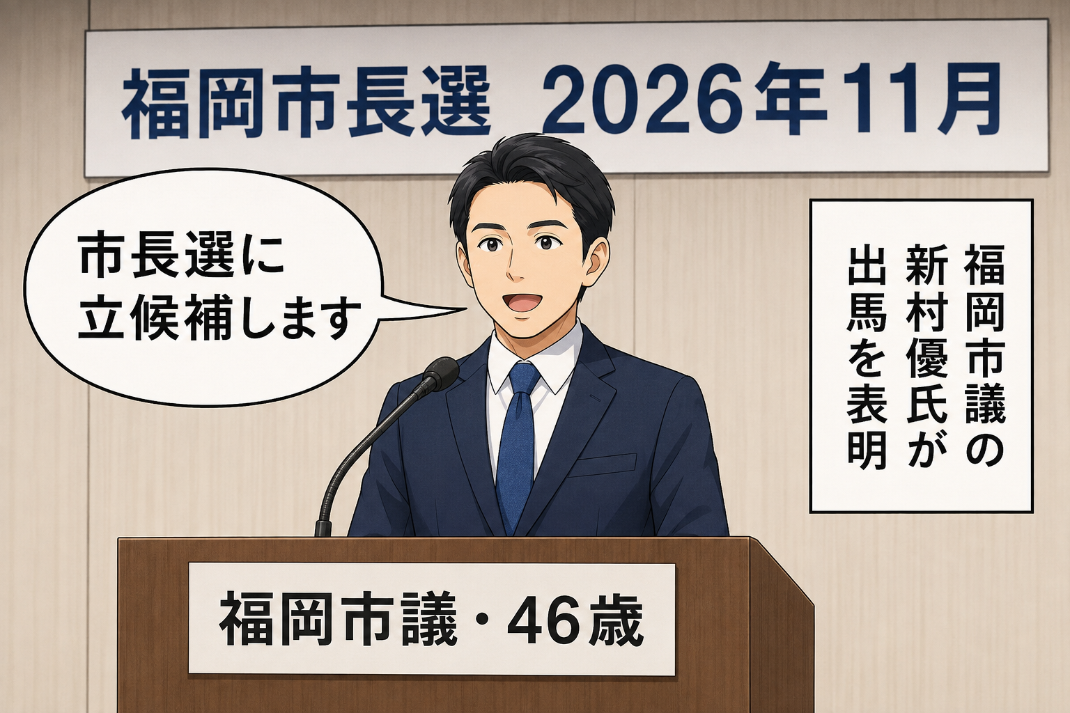 福岡市議を表す一般化されたスーツ姿のキャラクターが、2026年11月の福岡市長選への立候補を表明している。