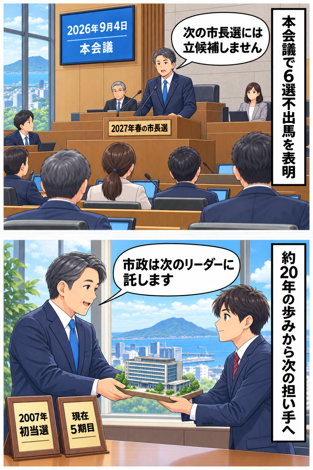 高松市議会の本会議で、スーツ姿の男性市長風キャラが2027年春の市長選への不出馬を表明し、5期務めた市政を次のリーダーへ託す考えを示す2コマ漫画。