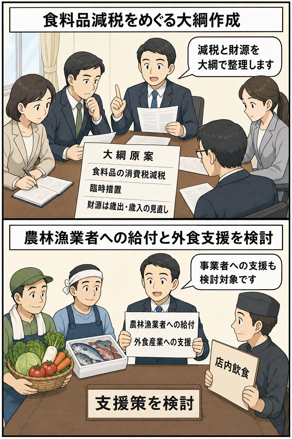 食料品の消費税減税に関する大綱を検討する税制調査会風の会議と、支援対象として農林漁業者や外食産業が挙げられている様子を中立的に描いた2コマ漫画。
