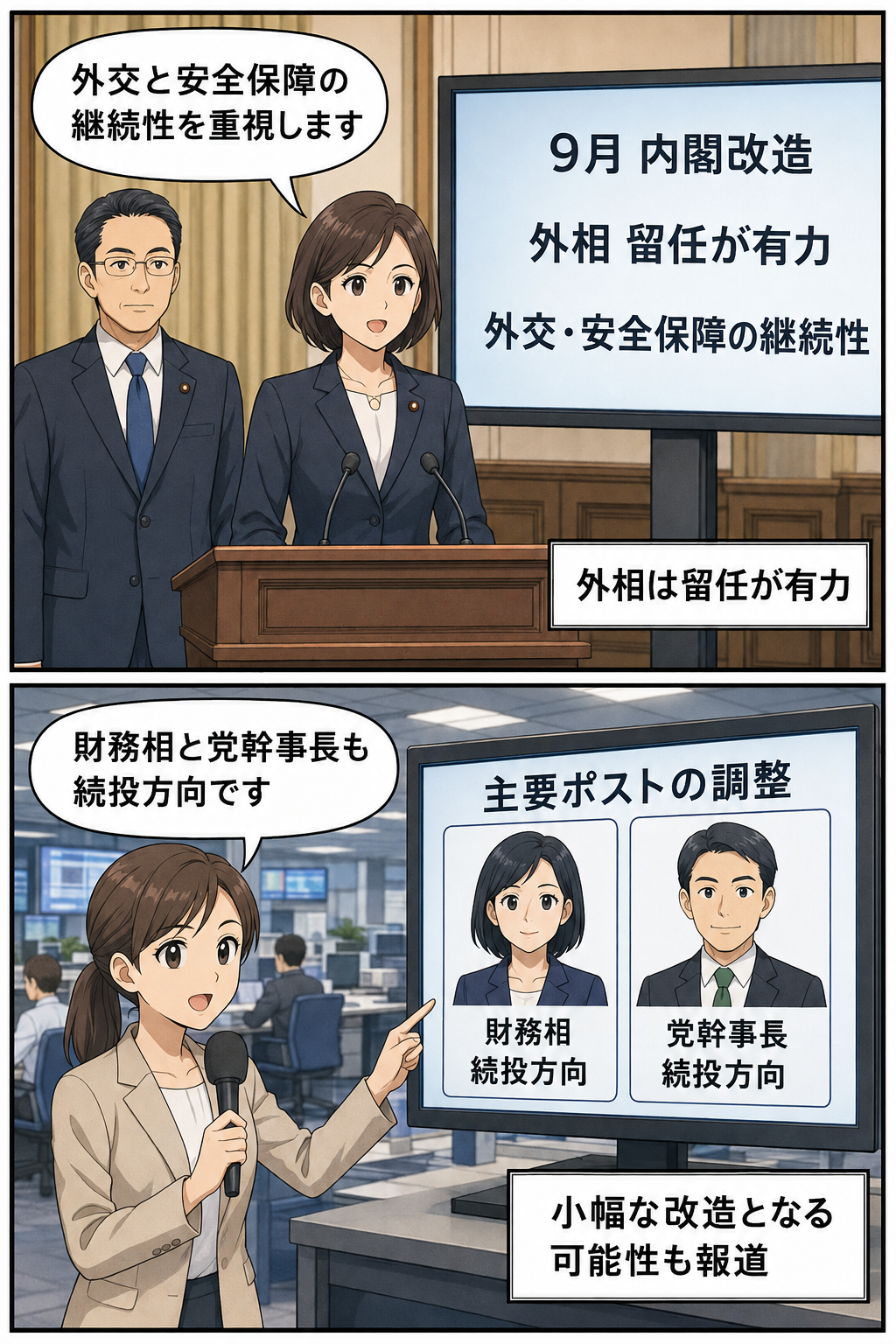 9月の内閣改造を前に、女性の首相風キャラが外交・安全保障の継続性を示し、続く場面で財務相と党幹事長も続投方向と報じられていることを伝える中立的な2コマ漫画。