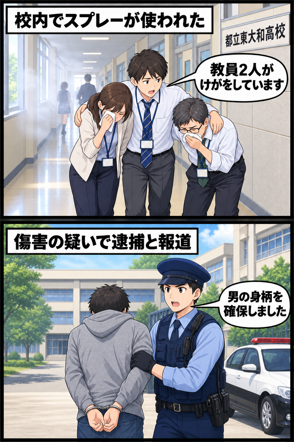 都立高校の校内でスプレーが使われて教員2人がけがをし、その後、警察官が男の身柄を確保した状況を中立的に描く2コマ漫画。