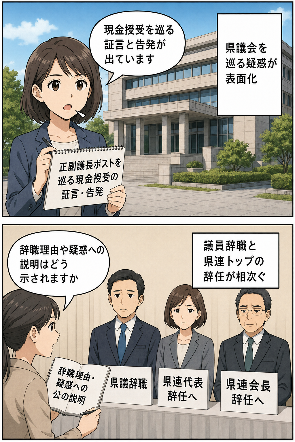 福岡県議会を巡る金銭授受疑惑が提起され、その後、県議と二つの党県連トップが相次いで職を退く動きを中立的に描いた2コマ漫画。