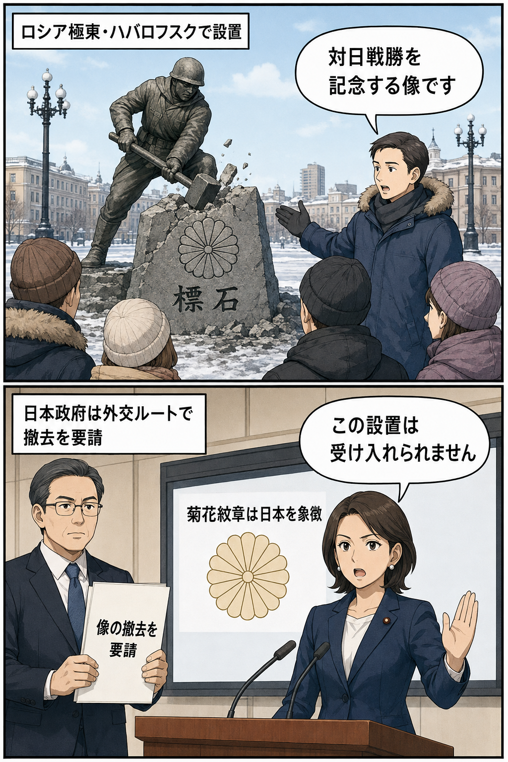 菊花紋章を表す花形が刻まれた標石を兵士像が壊す構成の記念碑が設置され、続く場面で日本政府の担当者と女性の首相風キャラが撤去要請と見解を表明する2コマ漫画。