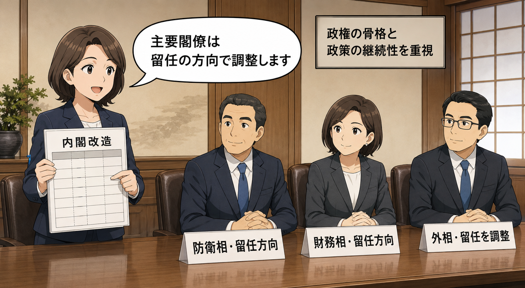 スーツ姿の女性の首相風キャラが、内閣改造で防衛相、財務相、外相を留任させる方向を示す中立的な一コマ漫画