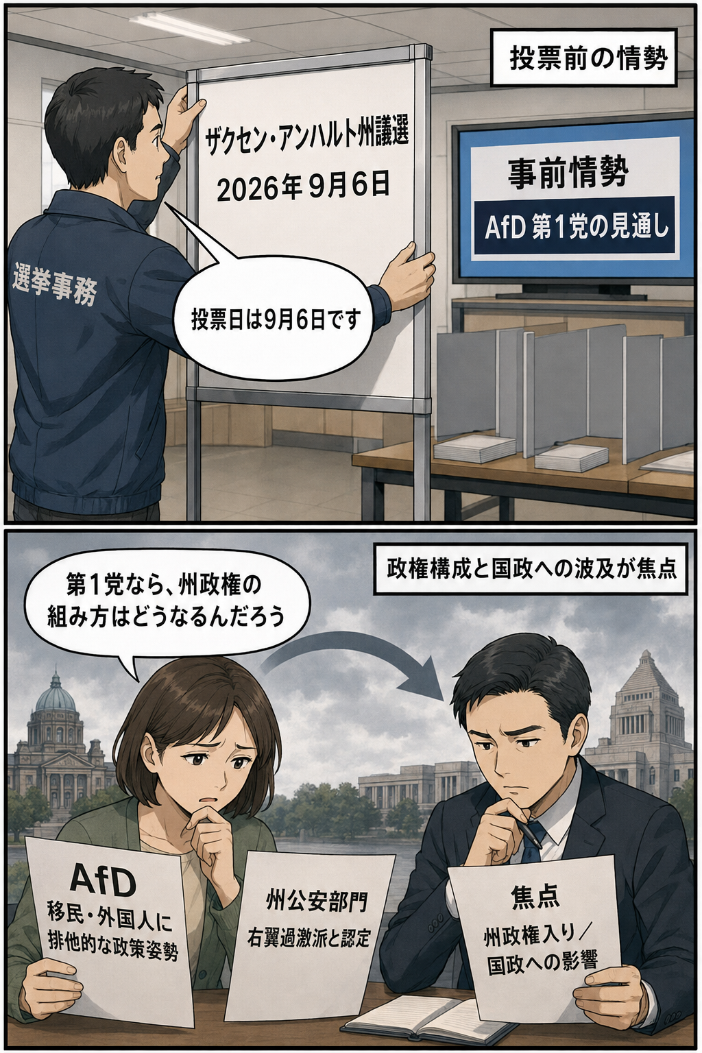 ザクセン・アンハルト州議選の日程とAfDが第1党となる事前予測を示し、州政権入りや国政への波及を有権者が慎重に見つめる2コマ漫画。