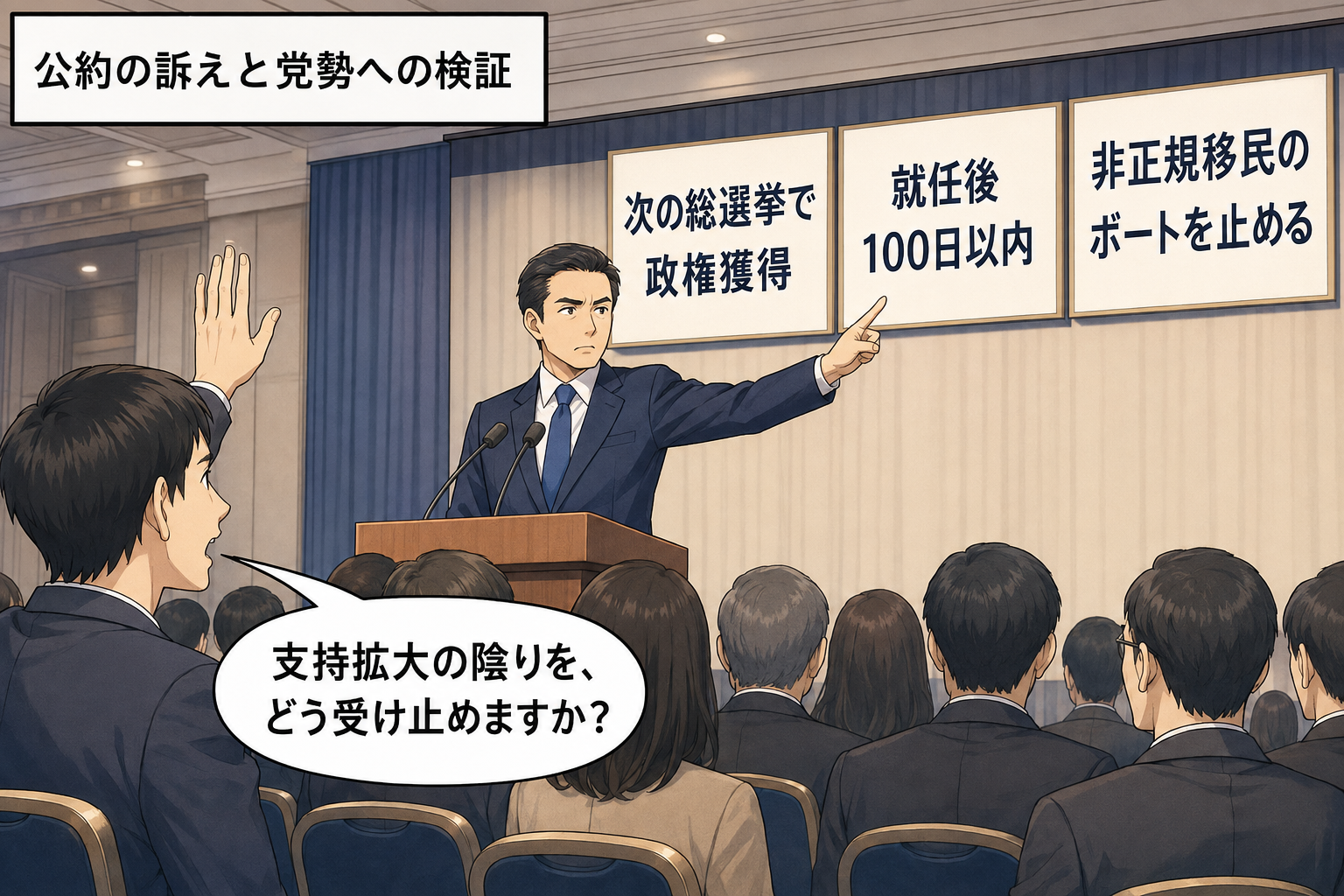 党大会の演壇で男性の党首風キャラが政権獲得と非正規移民のボート停止を表明し、記者が支持拡大の陰りについて問いかけている。