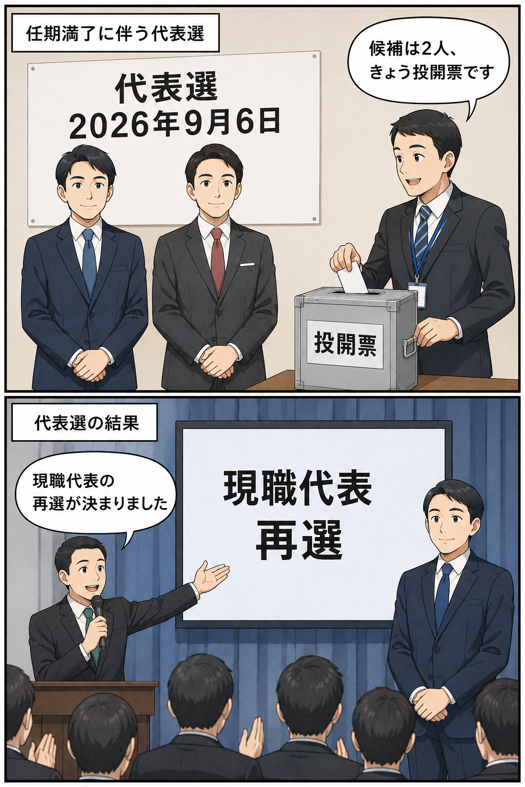 政党の代表選で男性候補2人が並び、投開票を経て現職の男性代表風キャラの再選が発表される中立的な2コマ漫画。