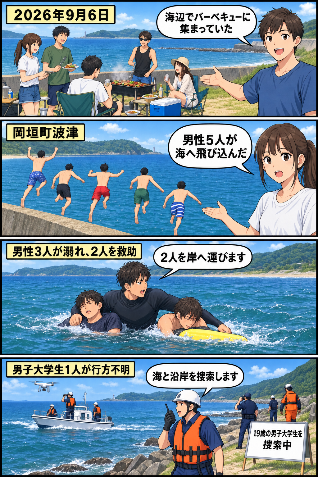 福岡県岡垣町波津の海辺で、バーベキューに集まったグループの男性5人が防波堤から海へ入り、3人が溺れ、2人がサーファーに救助される一方、19歳の男子大学生を警察、消防、海上保安部が捜索している様子を描いた4コ...