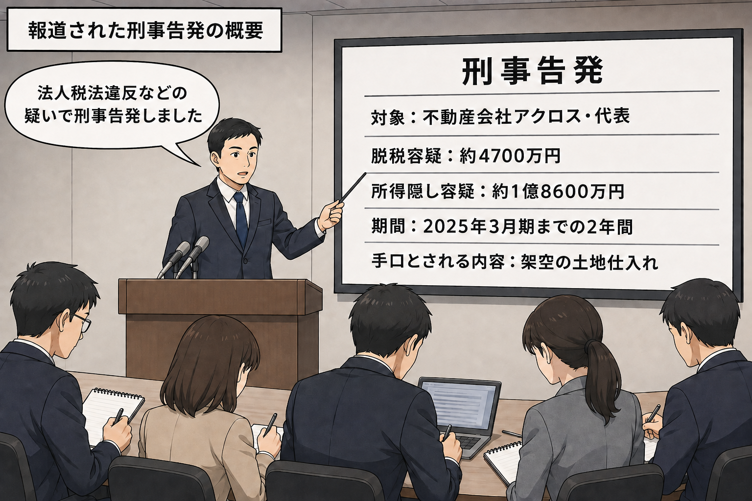東京国税局の担当者が、不動産会社アクロスと代表を対象とする刑事告発について、約4700万円の脱税容疑や約1億8600万円の所得隠し容疑を記者に説明する中立的な一コマ漫画。