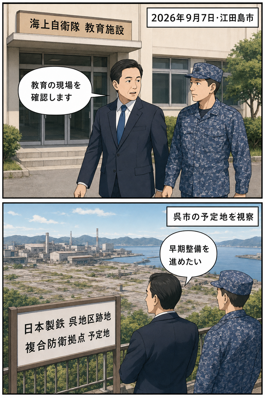男性の防衛相風キャラが江田島市の海上自衛隊教育施設を訪れた後、呉市の日本製鉄呉地区跡地を視察し、複合防衛拠点の早期整備への意欲を示す2コマ漫画。