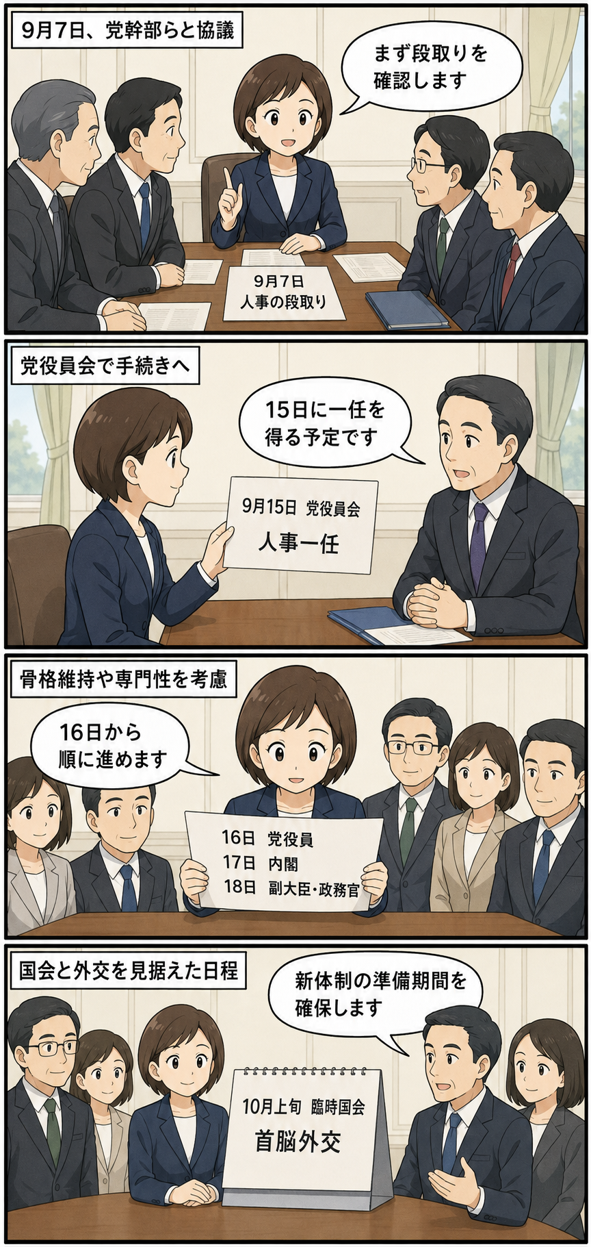 スーツ姿の女性の首相風キャラが、9月7日の事前協議から15日の党役員会、16～18日の党・内閣人事、10月上旬の臨時国会に向けた準備へと進む日程を確認する4コマ漫画。