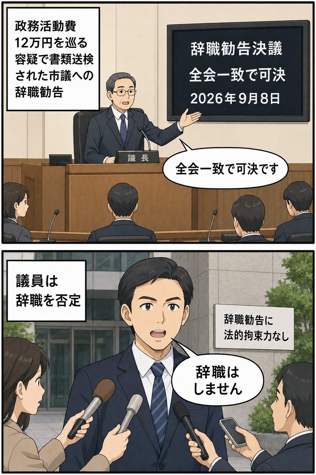 盛岡市議会が政務活動費12万円を巡る容疑で書類送検された市議への辞職勧告決議を全会一致で可決し、一般化された男性市議キャラが辞職しない意向を示す2コマ漫画。