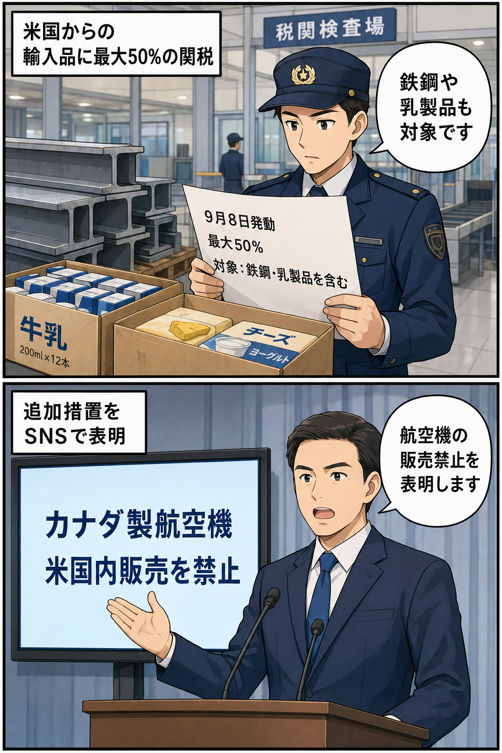 輸入品への最大50％の関税発動と、カナダ製航空機の販売禁止表明を中立的に描いた2コマ漫画。