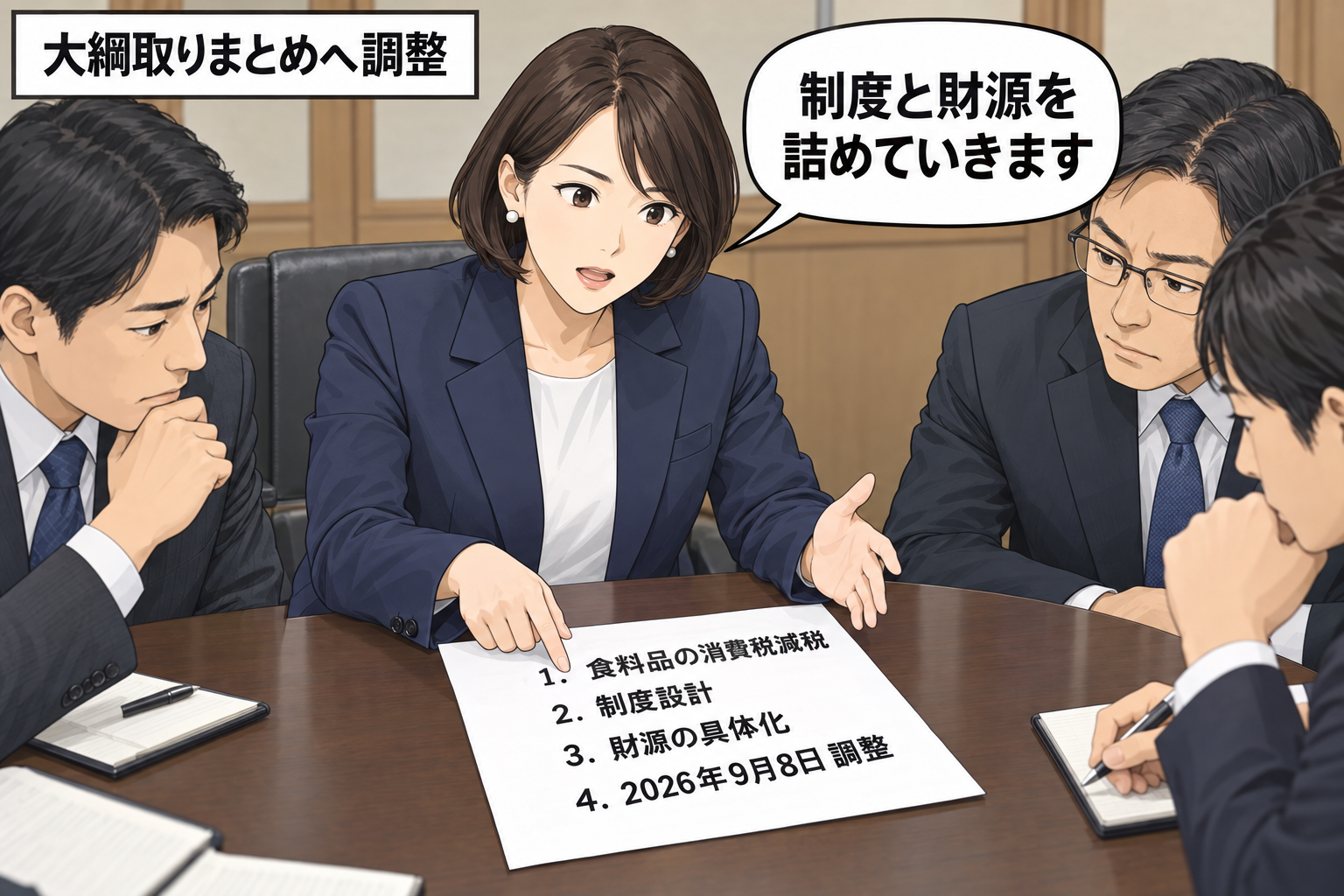 政府・与党の会議室で、食料品の消費税減税案と財源の検討項目を前に、女性の財務相風キャラらが調整を進めている。