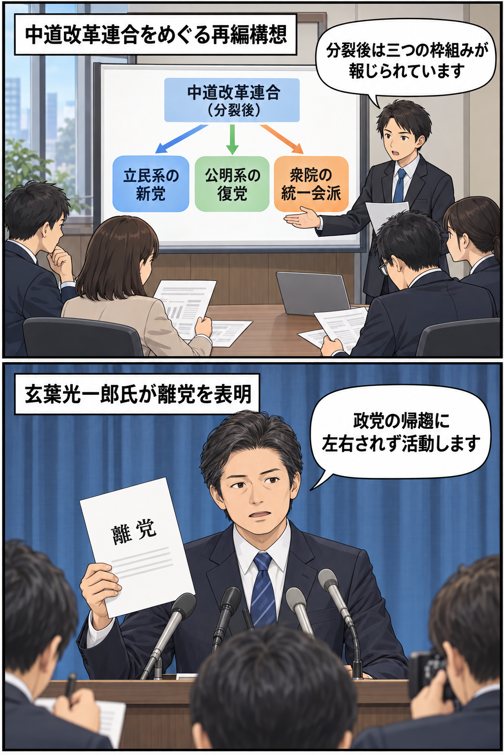 政党組織の分岐構想が示される場面と、男性の前衆院副議長風キャラが離党と政党の帰趨に左右されない活動方針を表明する場面を、中立的に描いた2コマ漫画。