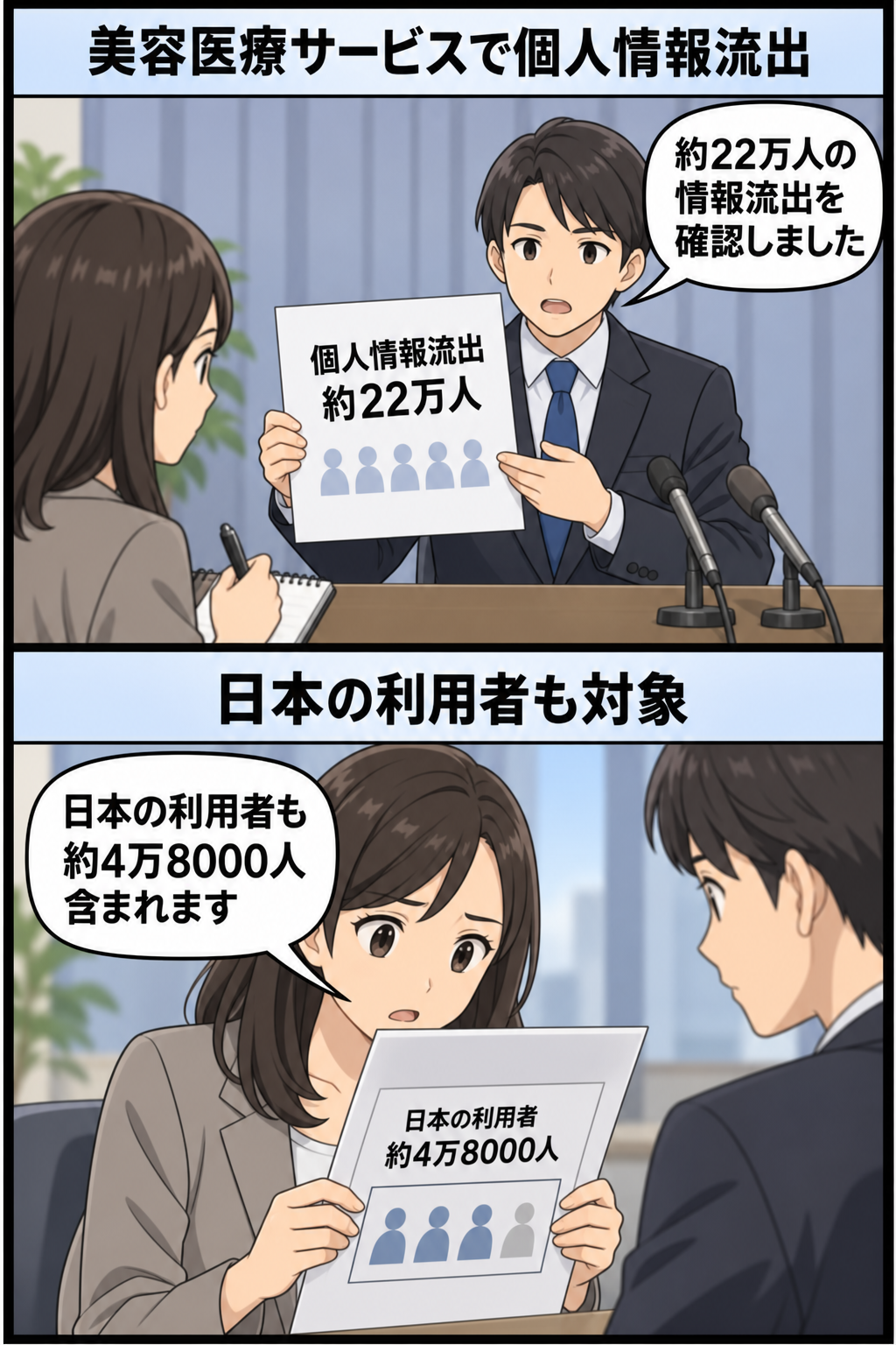 美容医療サービスの利用者情報約22万人分が流出し、その中に日本の利用者約4万8000人が含まれることを伝える2コマ漫画。