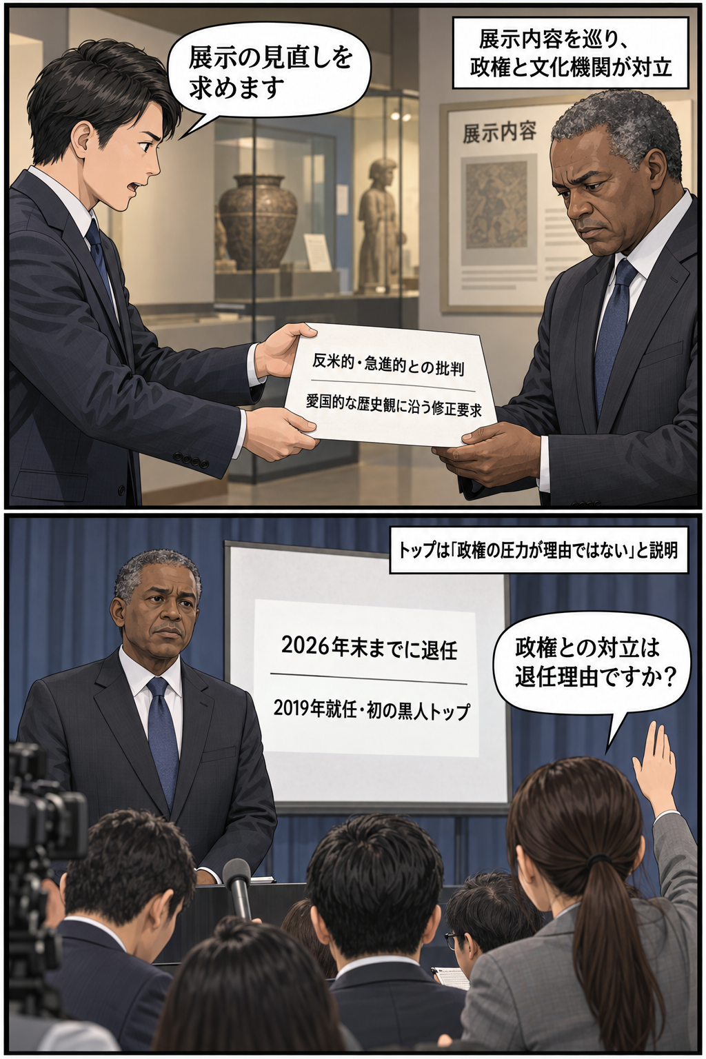 文化機関の展示を批判して修正を求める政権側と、それに向き合ってきた男性トップを描いた後、トップが2026年末までの退任を表明し、記者の問いに政権の圧力が理由ではないと説明する2コマ漫画。