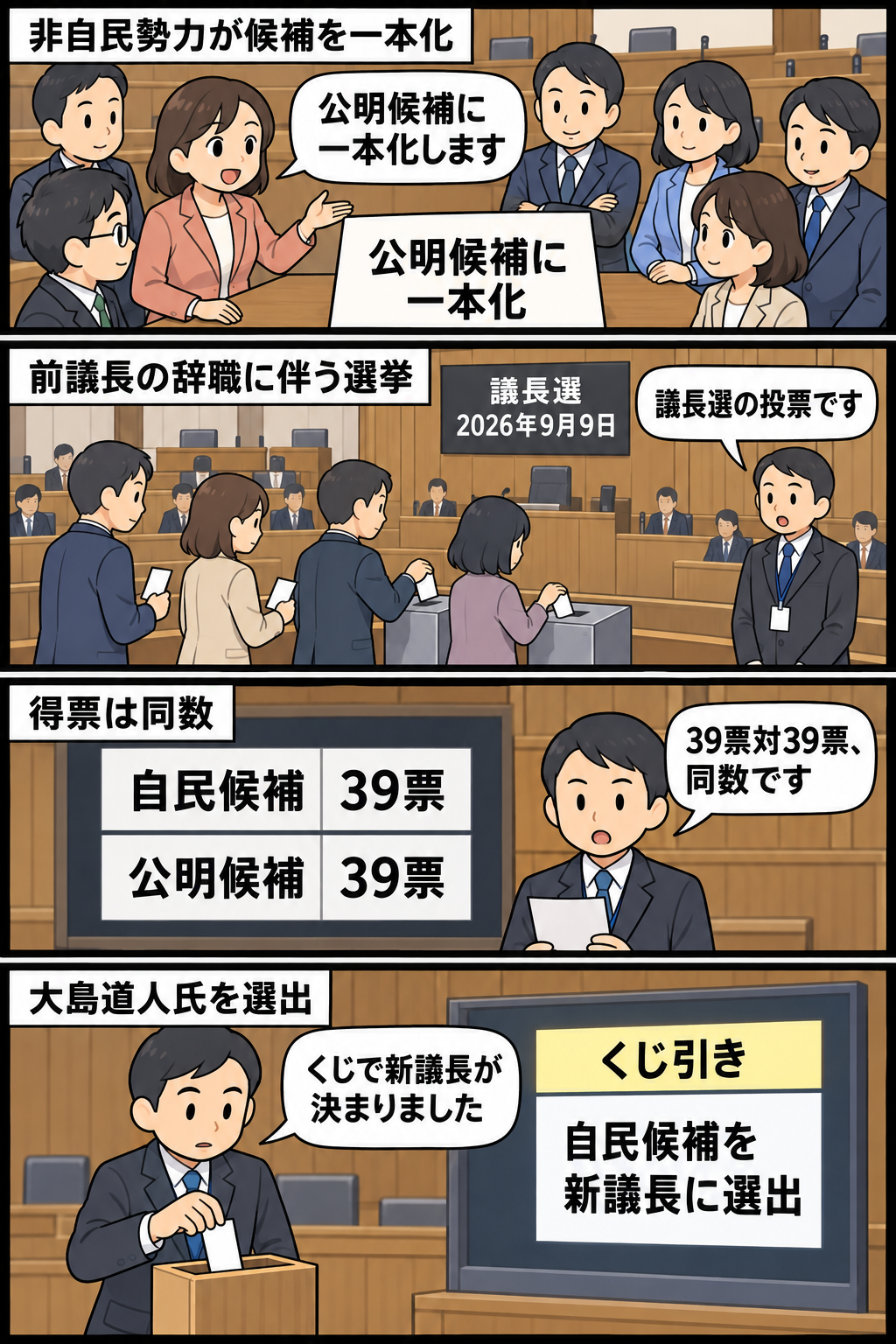 福岡県議会の議長選で、非自民勢力が公明候補に一本化し、自民候補と公明候補が39票ずつで並んだ後、くじ引きで自民候補が選出されるまでを描く4コマ漫画。