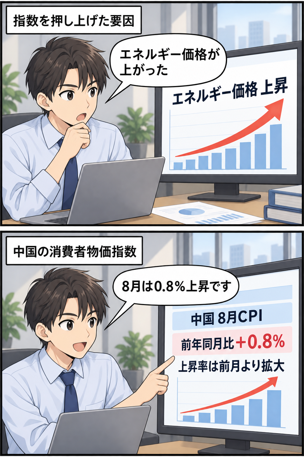 エネルギー価格の上昇が中国の8月の消費者物価指数を押し上げ、前年同月比0.8％上昇したことを中立的に示す2コマ漫画。