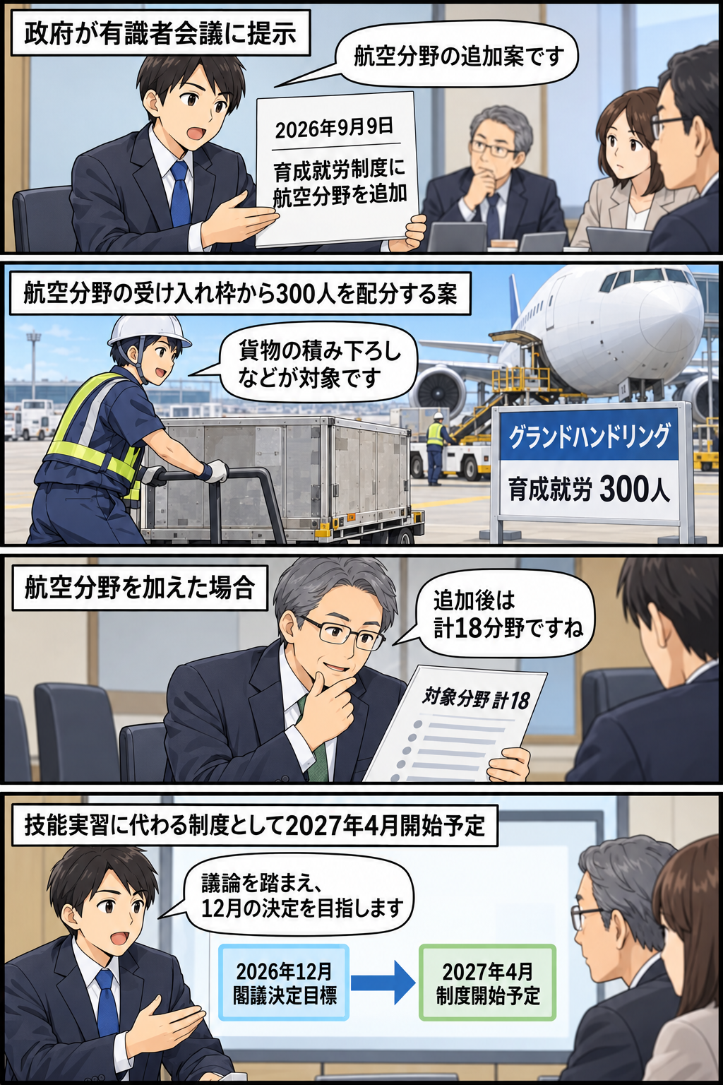 政府担当者が有識者会議で航空分野の追加案を説明し、空港のグランドハンドリング業務と300人の配分、計18分野への拡大、2026年12月の閣議決定と2027年4月の制度開始予定を順に示す4コマ漫画。