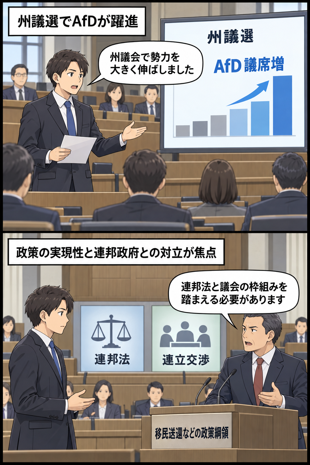 州議会選挙でAfDが勢力を伸ばしたことと、移民送還などの政策綱領をめぐって同党側と連邦政府側が対立する様子を、中立的な二コマで表した漫画。