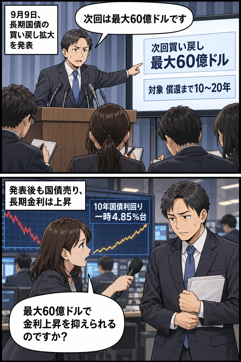 財務当局の担当者が長期国債の買い戻しを最大60億ドルへ拡大すると説明し、その後の市場で国債が売られて10年国債利回りが一時4.85％台へ上昇するなか、記者が規模の十分性を問いただす2コマ漫画。