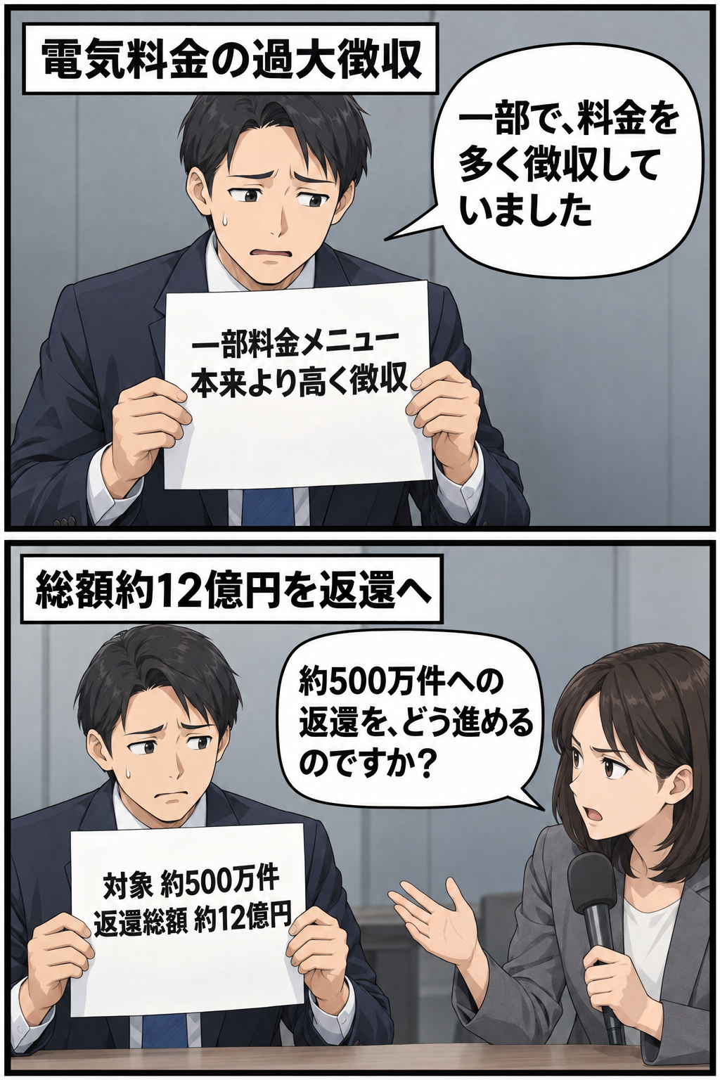 電力販売会社による一部料金メニューの過大徴収と、約500万件へ総額約12億円を返還する方針について、記者が具体的な対応を問いただす2コマ漫画。