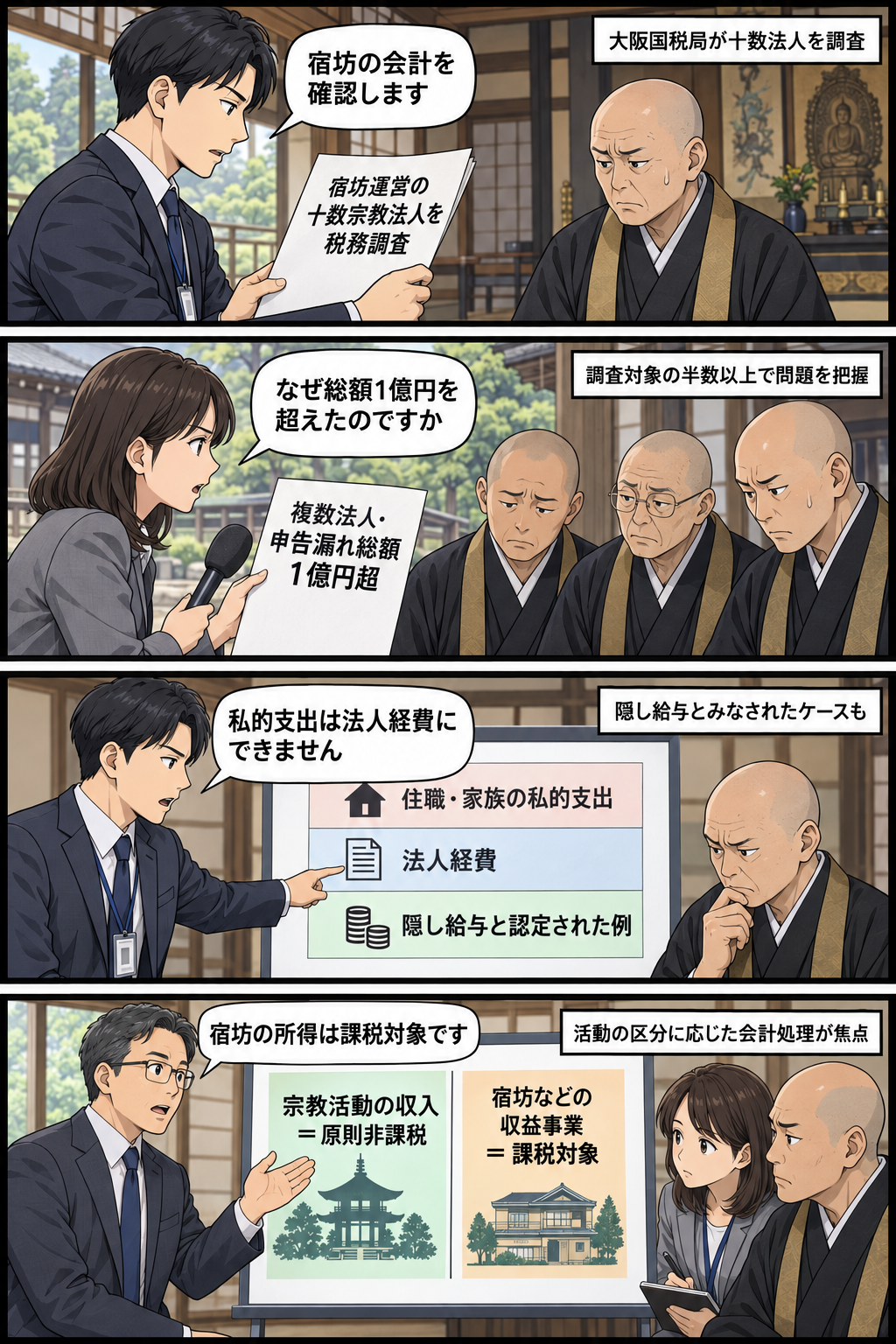 高野山の宿坊を運営する宗教法人への税務調査から、総額1億円超の申告漏れ、私的支出を隠し給与とみなした事例、宗教活動と収益事業の課税区分までを批判的かつ中立的に描く4コマ漫画。