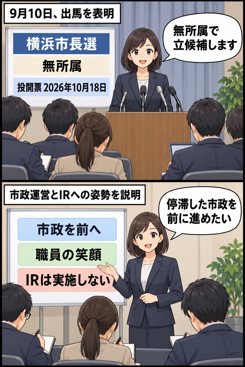 横浜市長選への無所属での立候補を表明する女性の弁護士風候補者と、市政運営やIRについて方針を説明する記者会見の2コマ漫画。