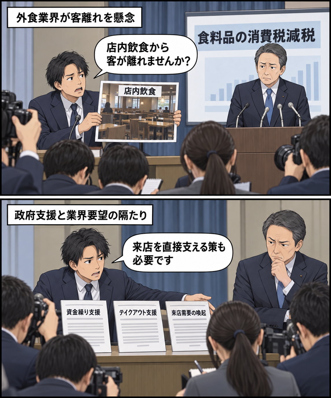食料品の消費税減税を説明する行政担当者に対し、外食業界の代表者が店内飲食からの客離れを問い、来店需要を直接支える施策を求める2コマ漫画。