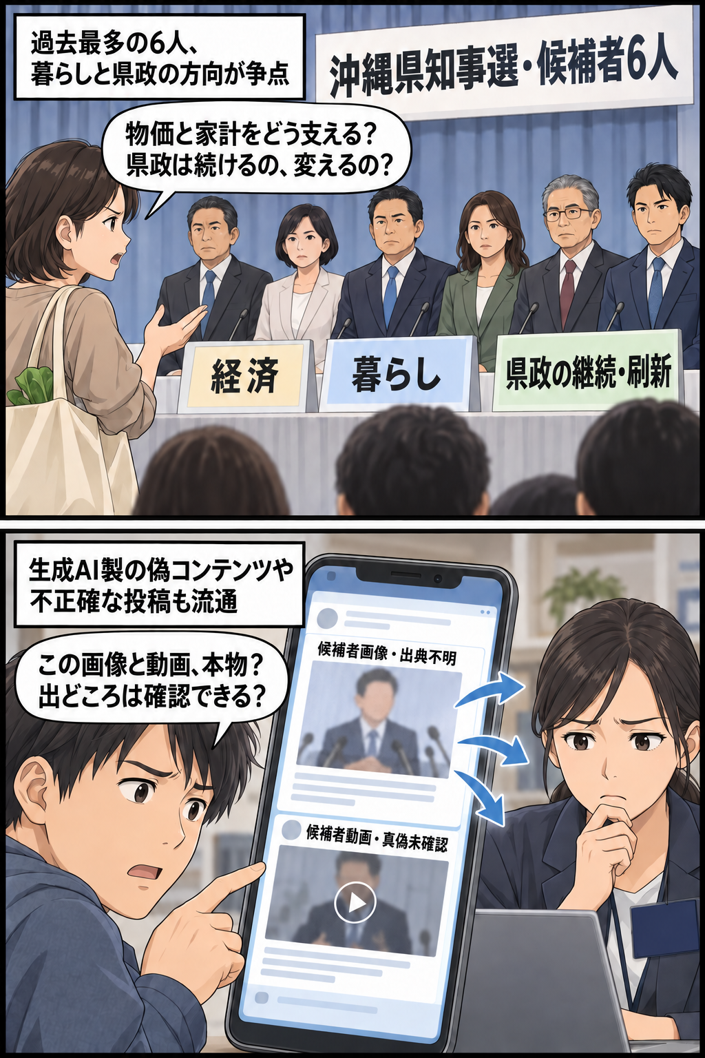 第1コマでは6人の一般化された候補者を前に、生活者が暮らしへの対策と県政の継続・刷新を問いかける。第2コマでは出典不明の候補者画像や真偽未確認の動画が並ぶSNS画面を前に、有権者が情報源の確認を求めている。