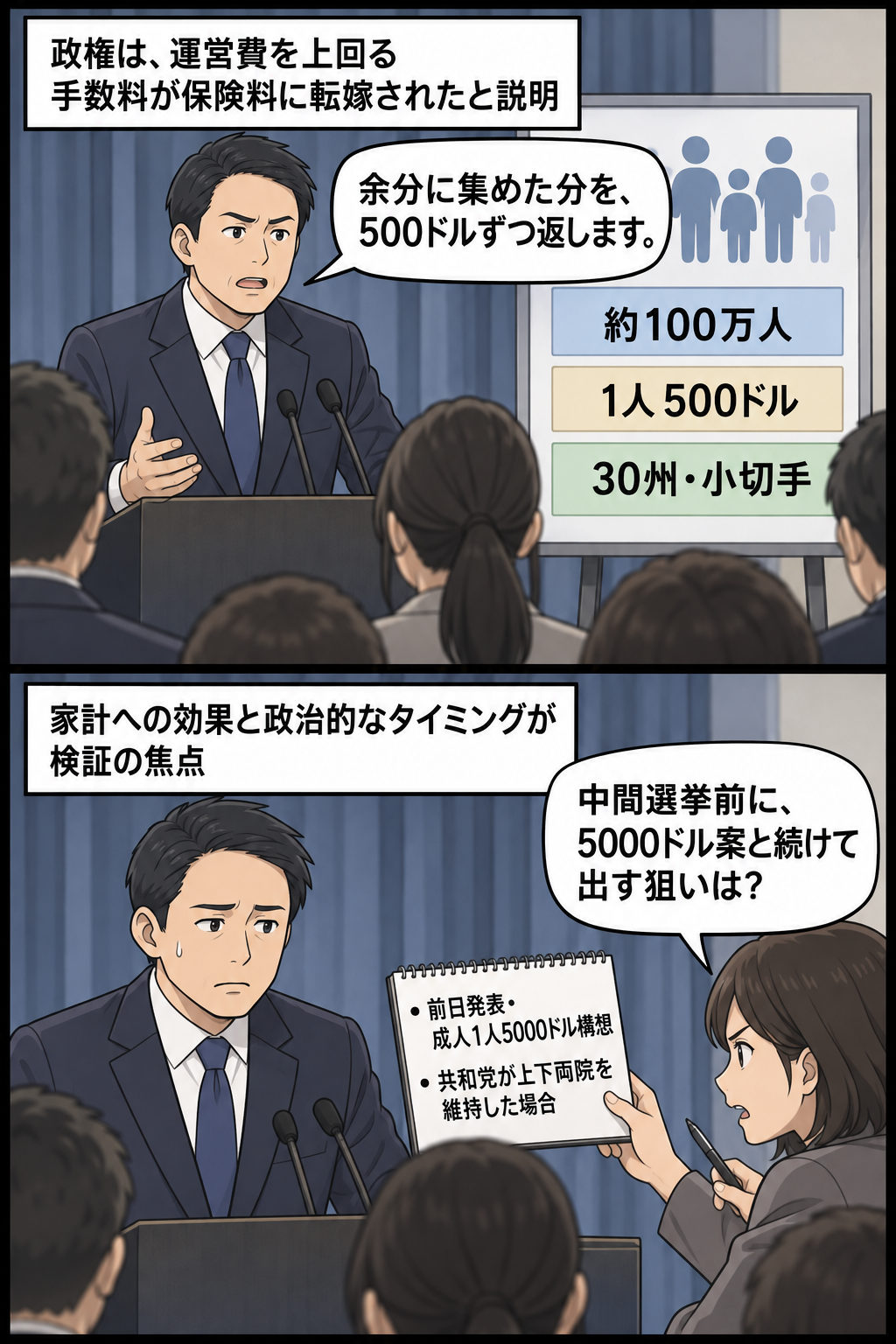 男性の大統領風キャラが約100万人への500ドル返還を説明し、続く場面で記者が前日に示された5000ドル支給構想との関係や中間選挙前の狙いを問いただす漫画。