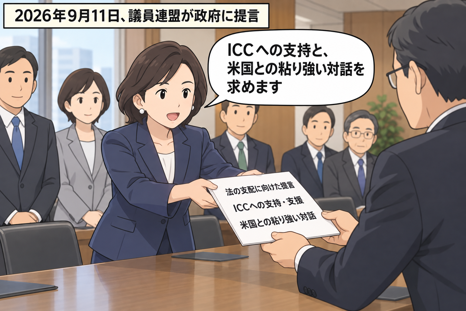 スーツ姿の女性の元外相風議員と議員団が政府担当者に提言書を渡し、ICCへの支持・支援と米国との粘り強い対話を求めている。
