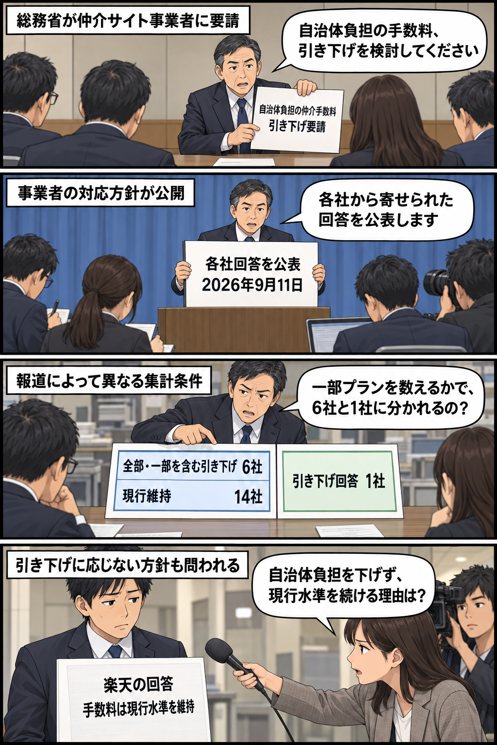 総務省による手数料引き下げ要請から各社回答の公表、報道各社の集計差、現行水準を維持する事業者への具体的な問いまでを描く4コマ漫画。