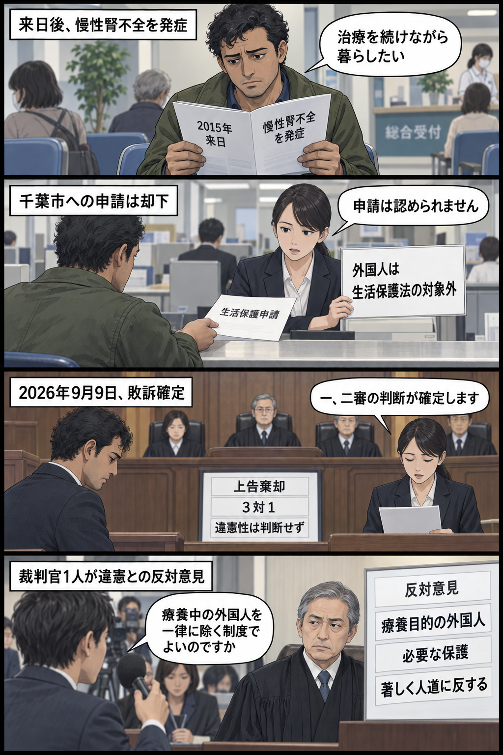 慢性腎不全を発症した外国籍の男性が生活保護を申請して却下され、最高裁でも敗訴が確定する一方、裁判官の反対意見が制度の人道性を問いかける4コマ漫画。