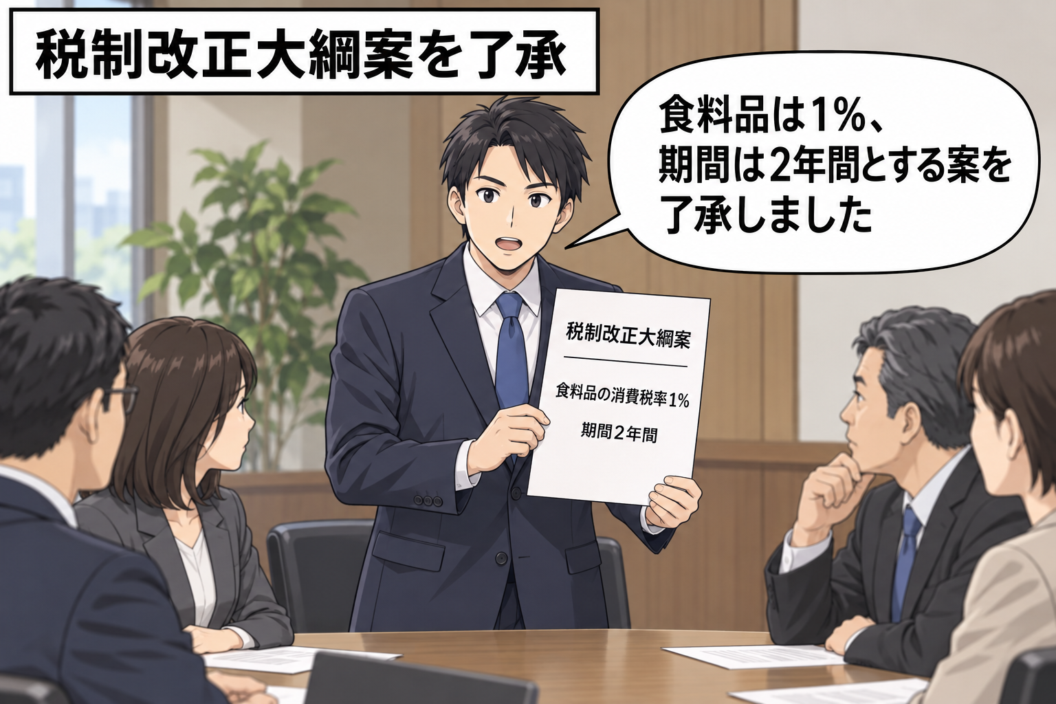 政党の会議室で、一般化された担当者が「食料品の消費税率1％」「期間2年間」と記された税制改正大綱案の了承を説明している。