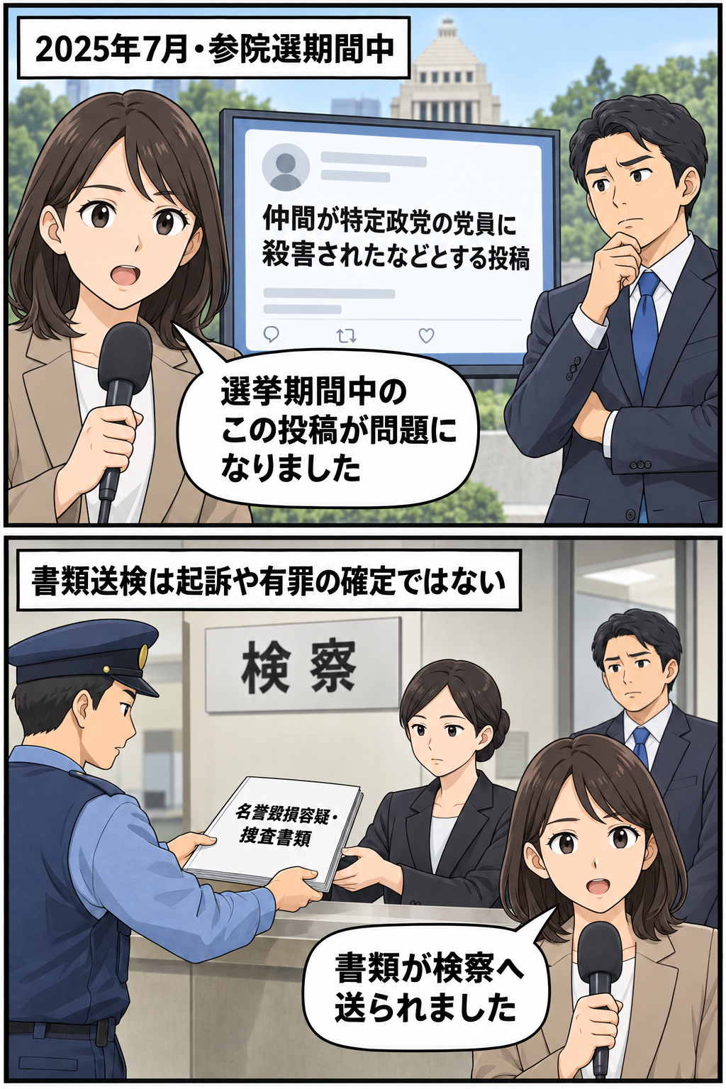 参院選期間中のX投稿が名誉毀損容疑の捜査対象となり、男性の参院議員に関する書類が検察へ送られた経緯を中立的に描く2コマ漫画。