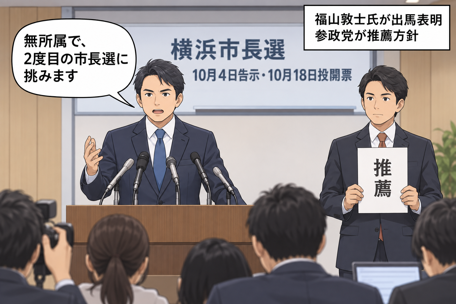 横浜市長選への立候補を表明するスーツ姿の男性の会社経営者風キャラと、推薦方針を示す政党関係者風キャラ。背景には選挙日程が掲示されている。