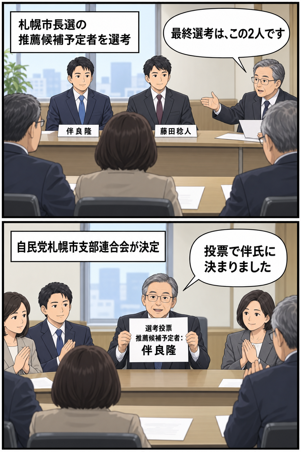 自民党札幌市支部連合会の選考委員会が伴良隆氏と藤田稔人氏を最終候補として審査し、投票で伴氏を札幌市長選の推薦候補予定者に選ぶまでを中立的に描いた2コマ漫画。