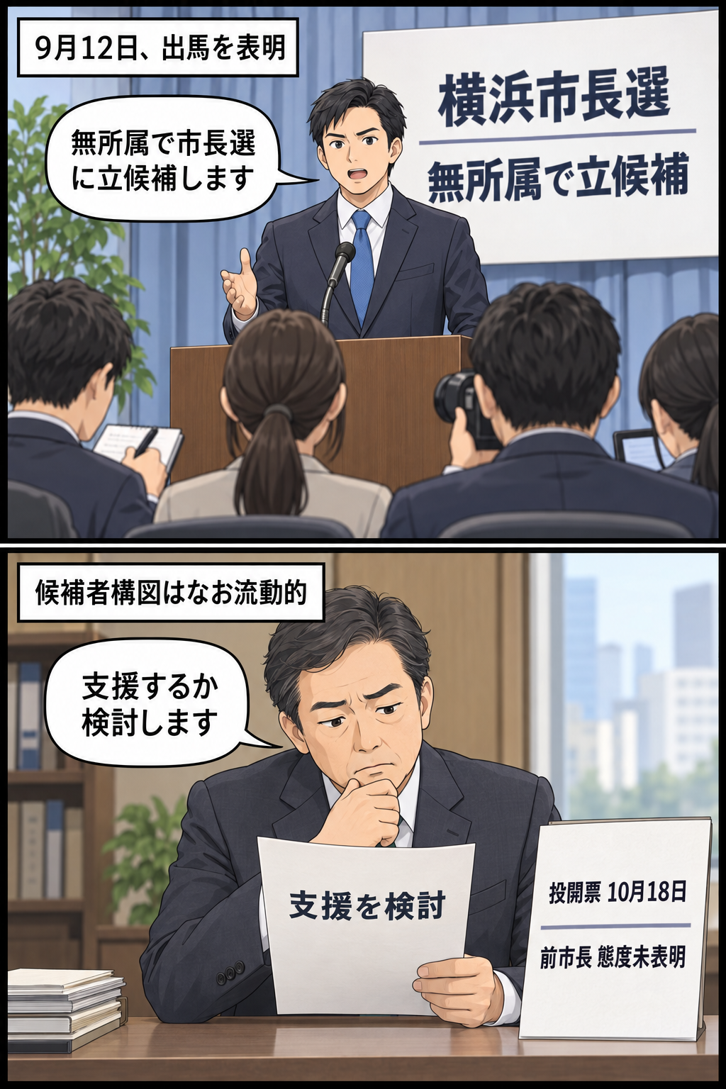 横浜市内の記者会見で男性の前議員風キャラが無所属での市長選出馬を表明し、続いて政党関係者が支援検討を示す。背景には10月18日投開票の日程と、前市長の態度が未表明であることが示されている。
