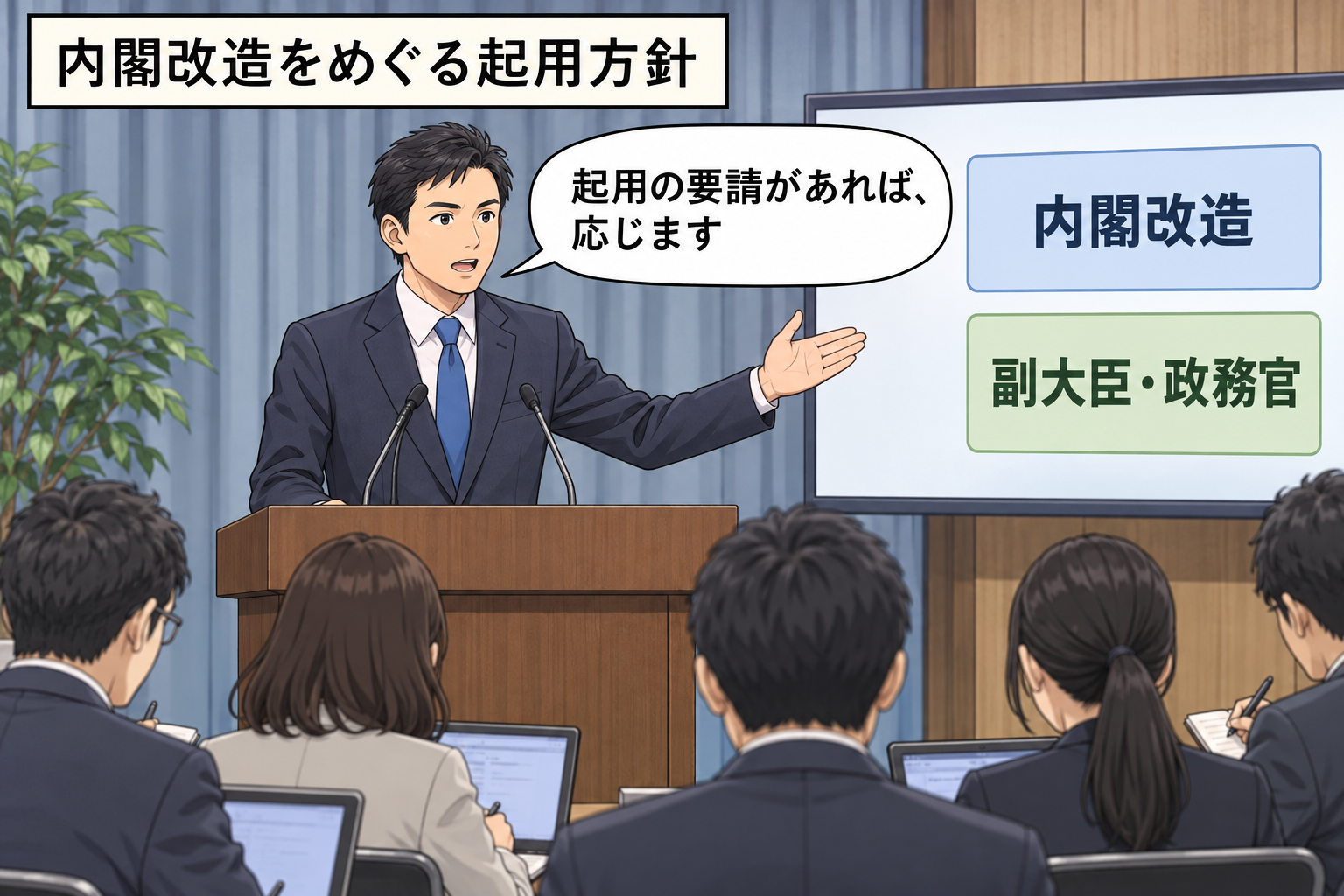 記者会見で、スーツ姿の男性の野党共同代表風キャラが、副大臣や政務官への起用要請にも応じる方針を説明している。