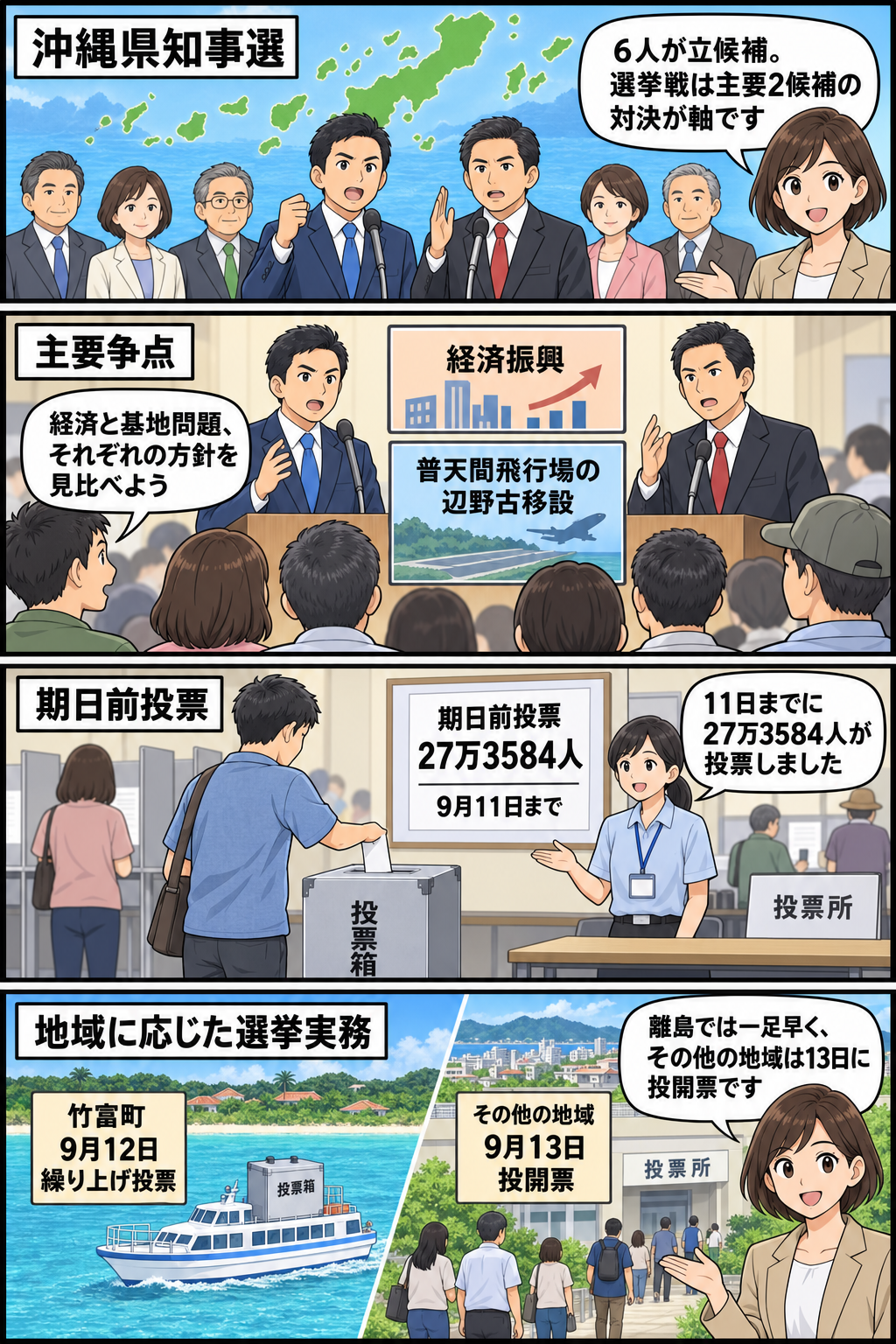 沖縄県知事選について、6人の立候補、主要2候補の選挙戦、経済振興と基地問題、期日前投票の人数、竹富町とその他地域の投票日程を中立的に描いた4コマ漫画。