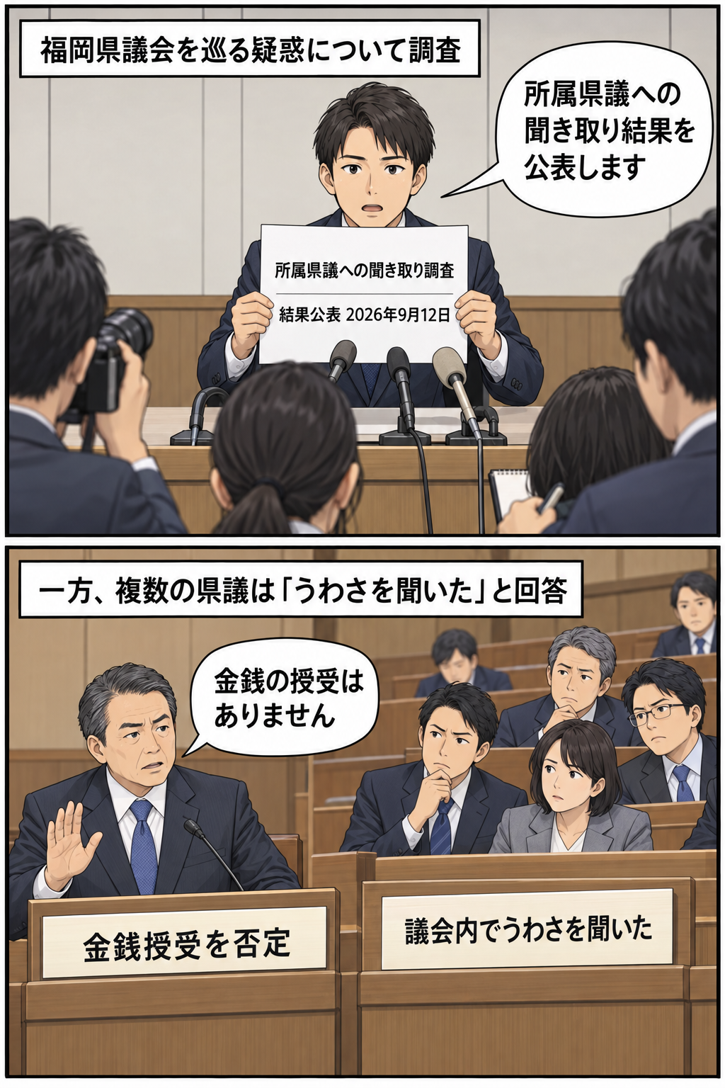 立憲民主党福岡県連による所属県議への聞き取り調査の公表と、副議長経験者の否定、複数県議が議会内でうわさを聞いたという回答を中立的に描く2コマ漫画。