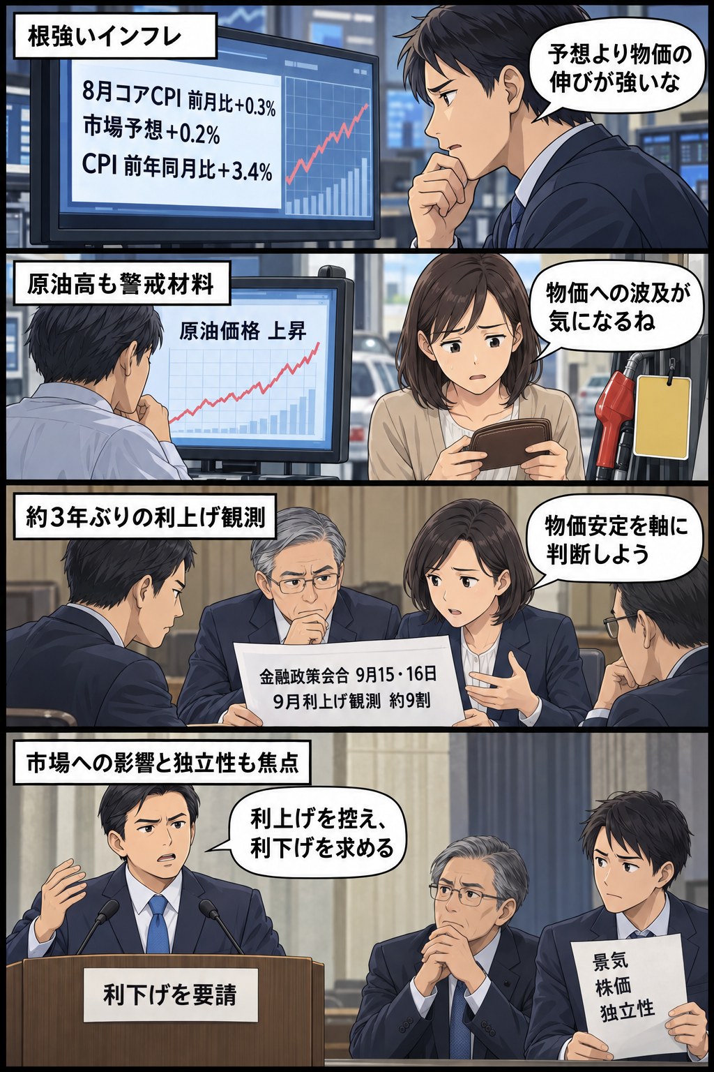 物価指標と原油価格を確認した中央銀行関係者が金融政策会合に臨み、市場が利上げを警戒する一方、政権側から利下げを求める声が上がる様子を描いた4コマ漫画。