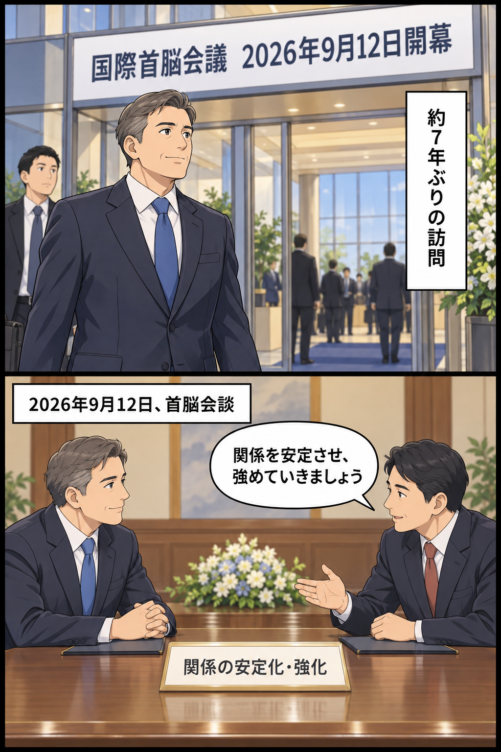 国際首脳会議への約7年ぶりの訪問に続き、二人の男性首脳風キャラが関係の安定化と強化について会談する中立的な2コマ漫画。