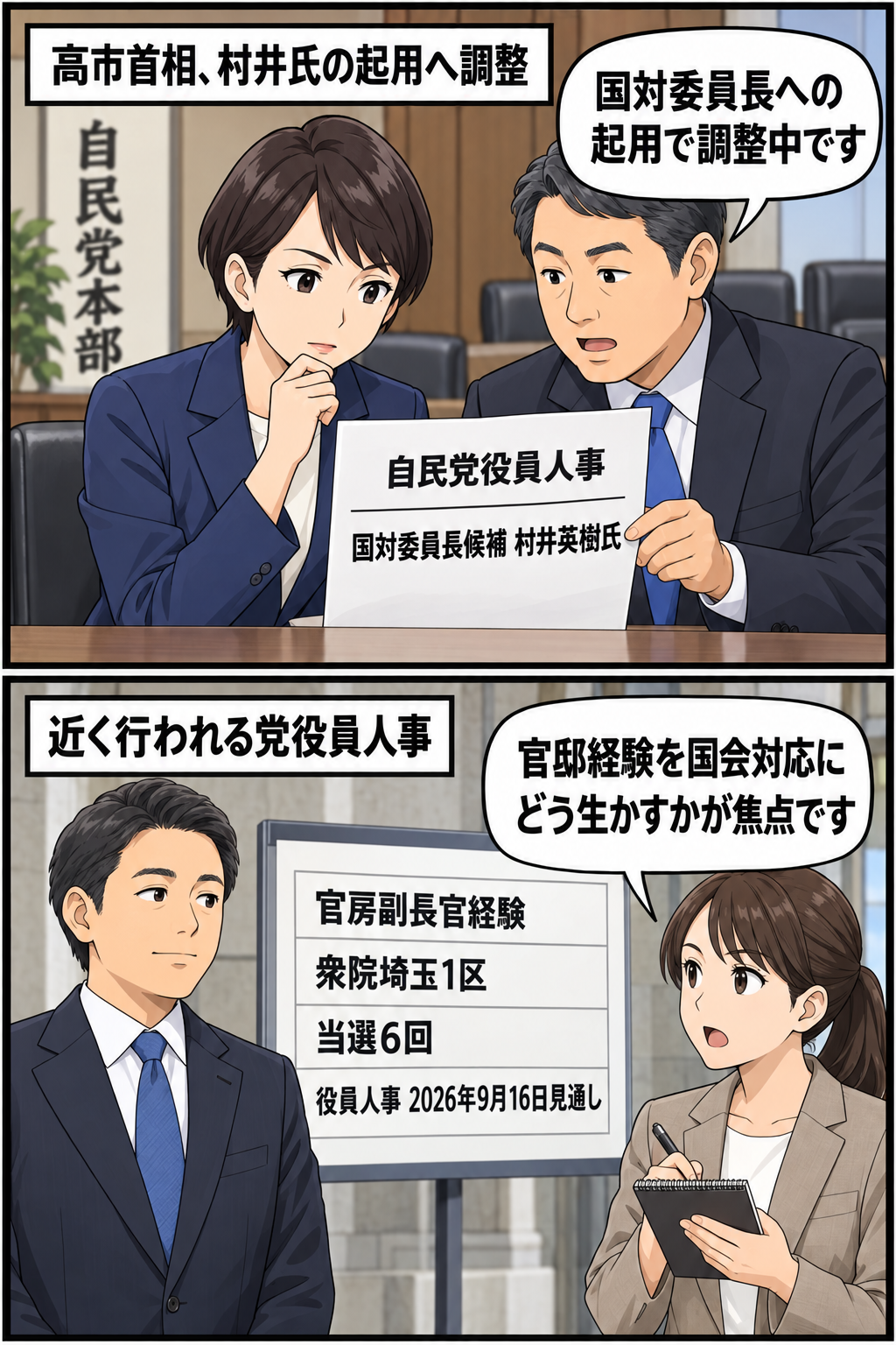 スーツ姿の女性の首相風キャラが党役員人事を進め、男性の国会議員風キャラを国会対策委員長に起用する方向で調整していることと、その経歴や人事日程を中立的に示す2コマ漫画。